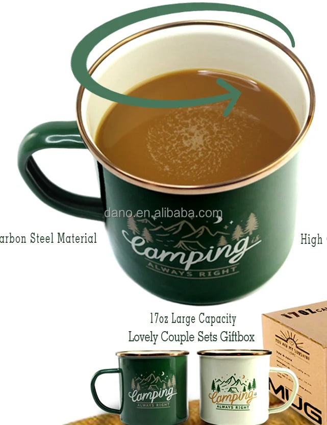 Enamel Coffee Mug Set of 2 - Camping Mugs for Coffee & Tea, 12oz Camping Coffee Cups with Lid (Camping Gifts/RV Essentials)