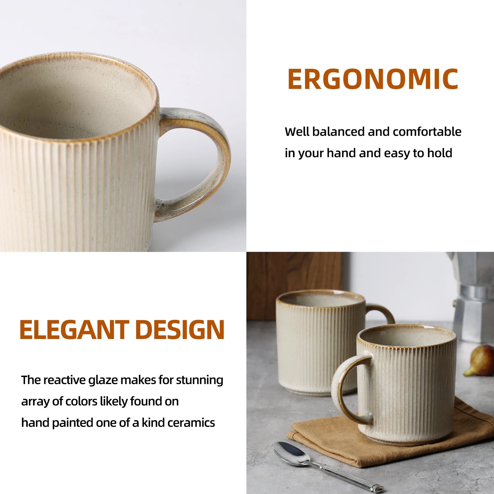16Oz Stoneware Coffee Mugs Set of 4 Rustic Ceramic Coffee Cups Set with Large Handle Coffee Mugs for Latte Cocoa Tea Milk Beige
