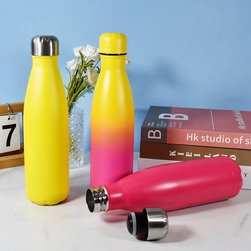 US Warehouse 500ml Sports Water Bottle 304 Stainless Steel Insulated Soft Matte Ombre Yellow Pink Design Classic Camping Bottle