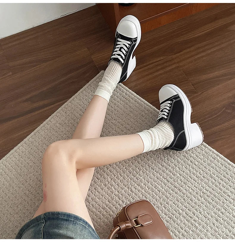 Brand Women Sneakers Fashion Lace-Up Canvas Shoes Women Platform High Heel Shoes Outdoor High Top Casual Shoes Zapatillas Mujer