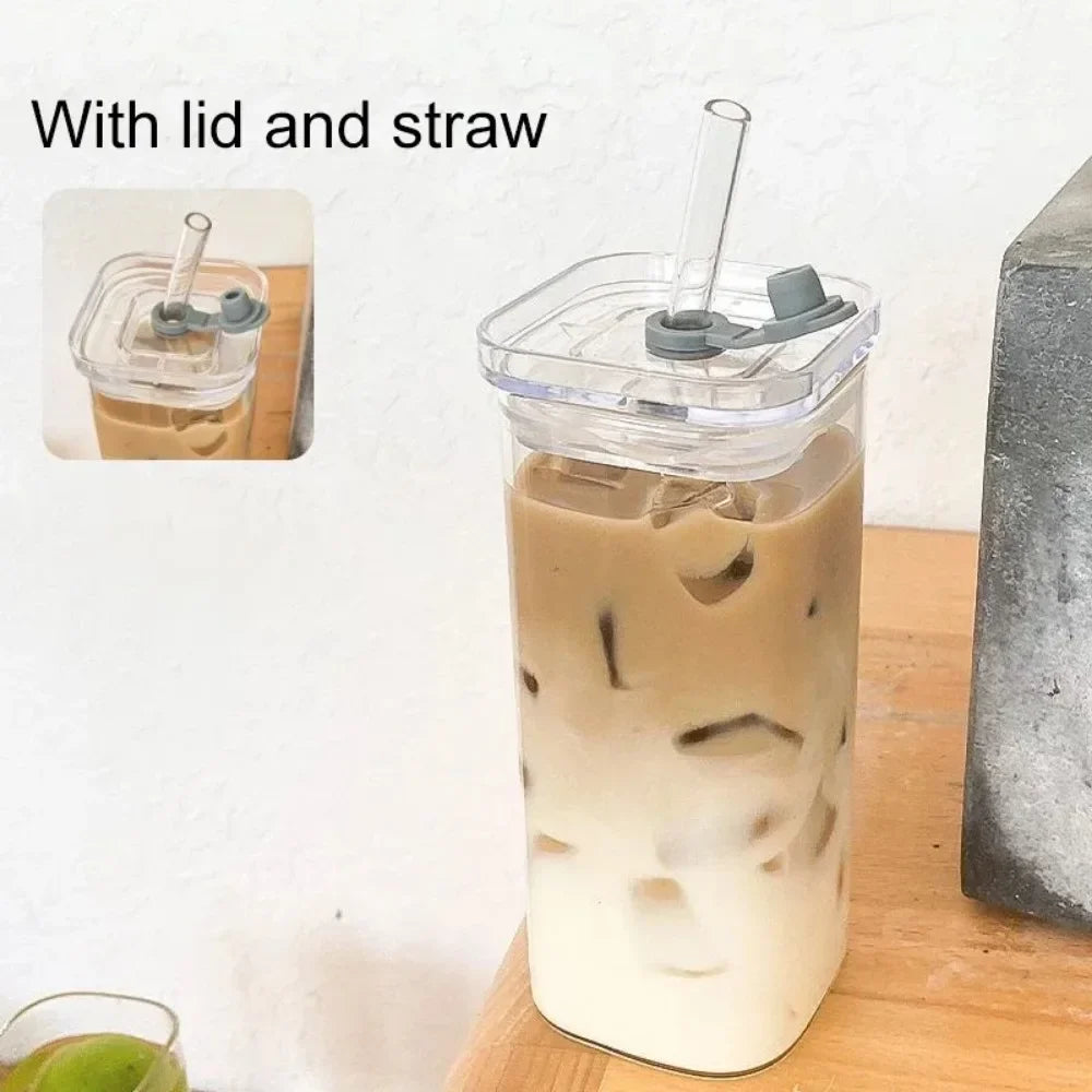 1pc Square Glass Coffee Mug with Lid & Straw Transparent Drinkware for Iced Coffee, Milk