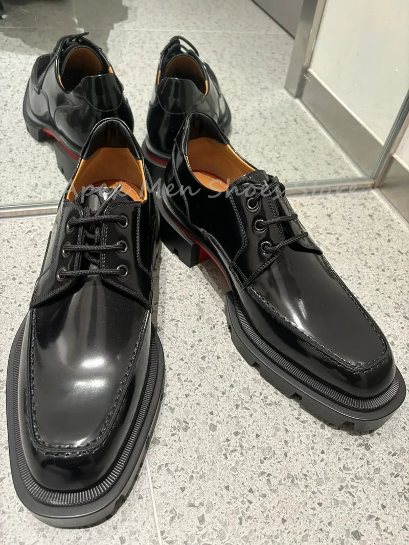 2025 Black Glossy Chunky Sole Lace Up Oxford Shoes Cow Leather Formal Dress Shoes for Men Street Style Business Casual Shoes