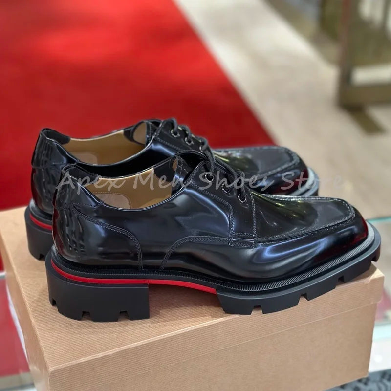 2025 Black Glossy Chunky Sole Lace Up Oxford Shoes Cow Leather Formal Dress Shoes for Men Street Style Business Casual Shoes