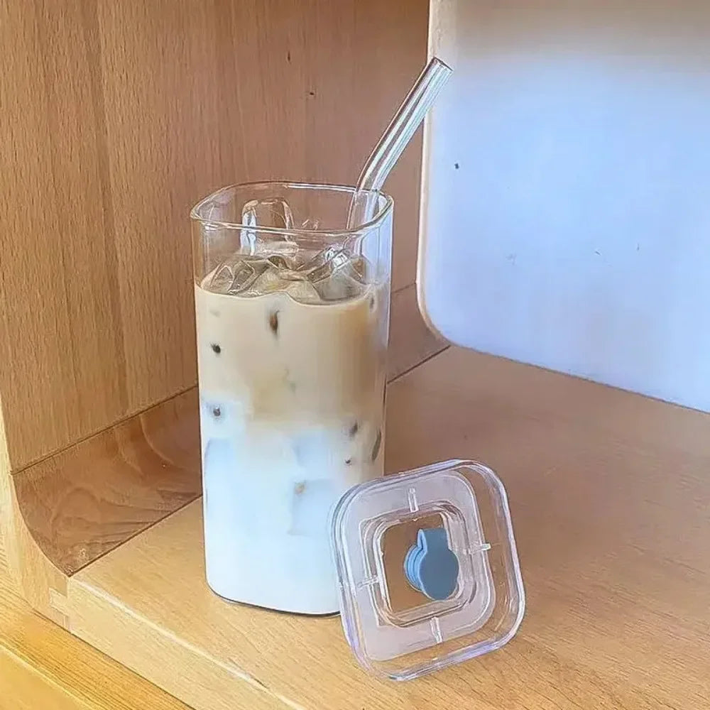 1pc Square Glass Coffee Mug with Lid & Straw Transparent Drinkware for Iced Coffee, Milk