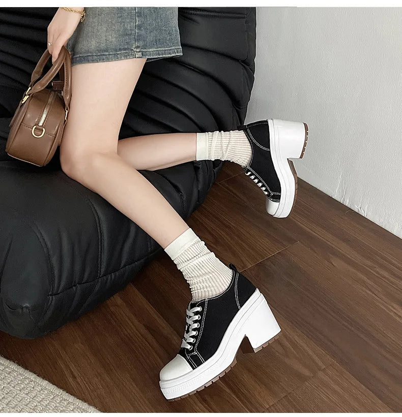 Brand Women Sneakers Fashion Lace-Up Canvas Shoes Women Platform High Heel Shoes Outdoor High Top Casual Shoes Zapatillas Mujer