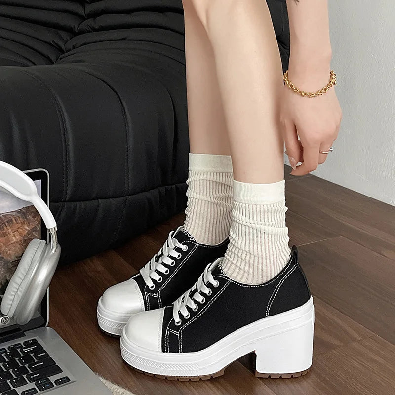 Brand Women Sneakers Fashion Lace-Up Canvas Shoes Women Platform High Heel Shoes Outdoor High Top Casual Shoes Zapatillas Mujer