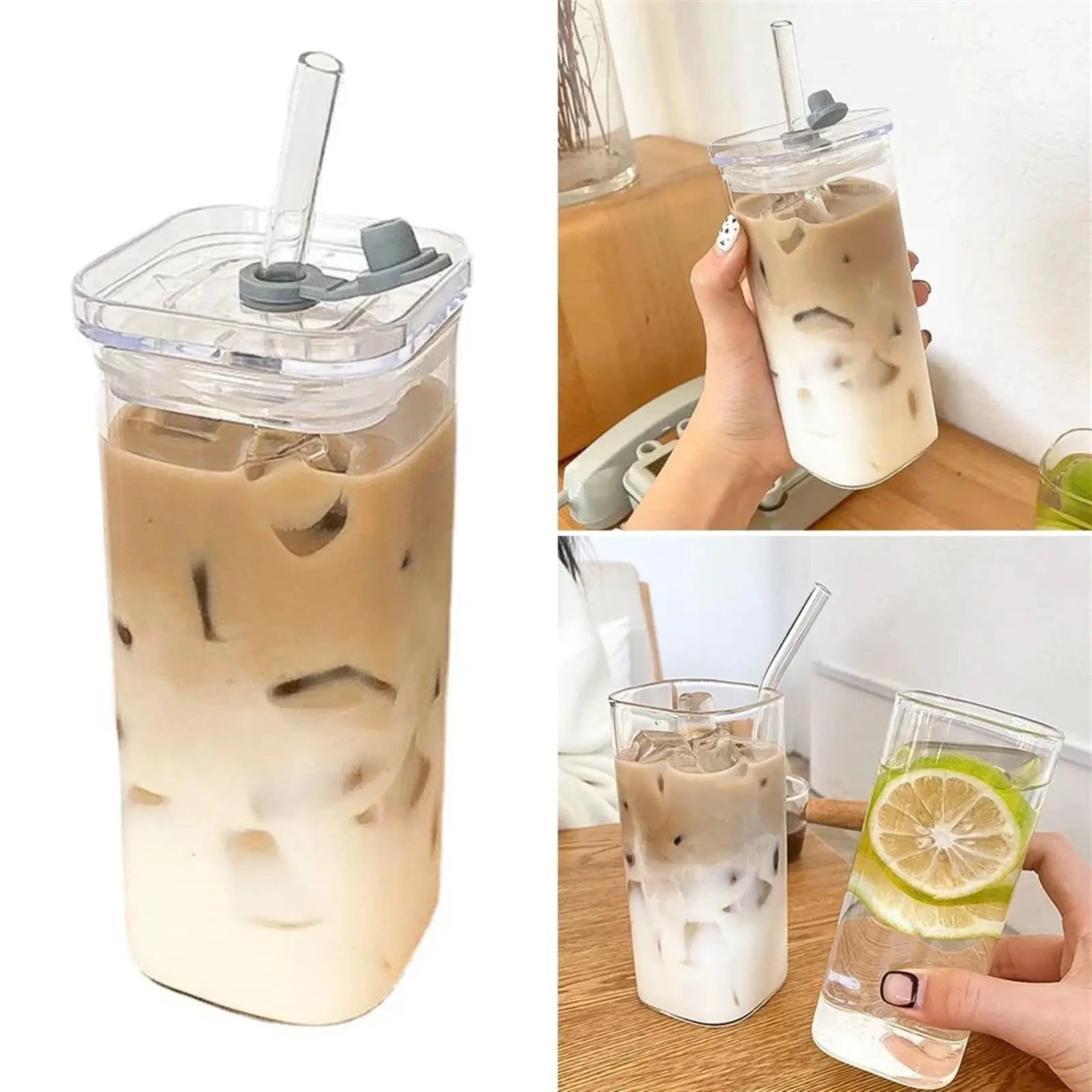 1pc Square Glass Coffee Mug with Lid & Straw Transparent Drinkware for Iced Coffee, Milk