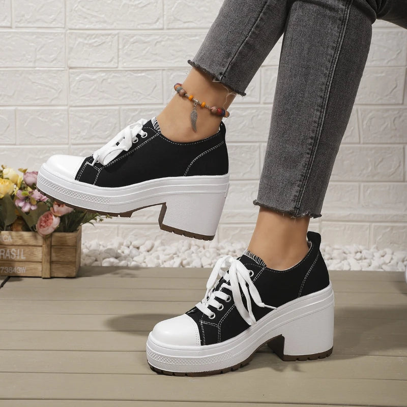 Brand Women Sneakers Fashion Lace-Up Canvas Shoes Women Platform High Heel Shoes Outdoor High Top Casual Shoes Zapatillas Mujer