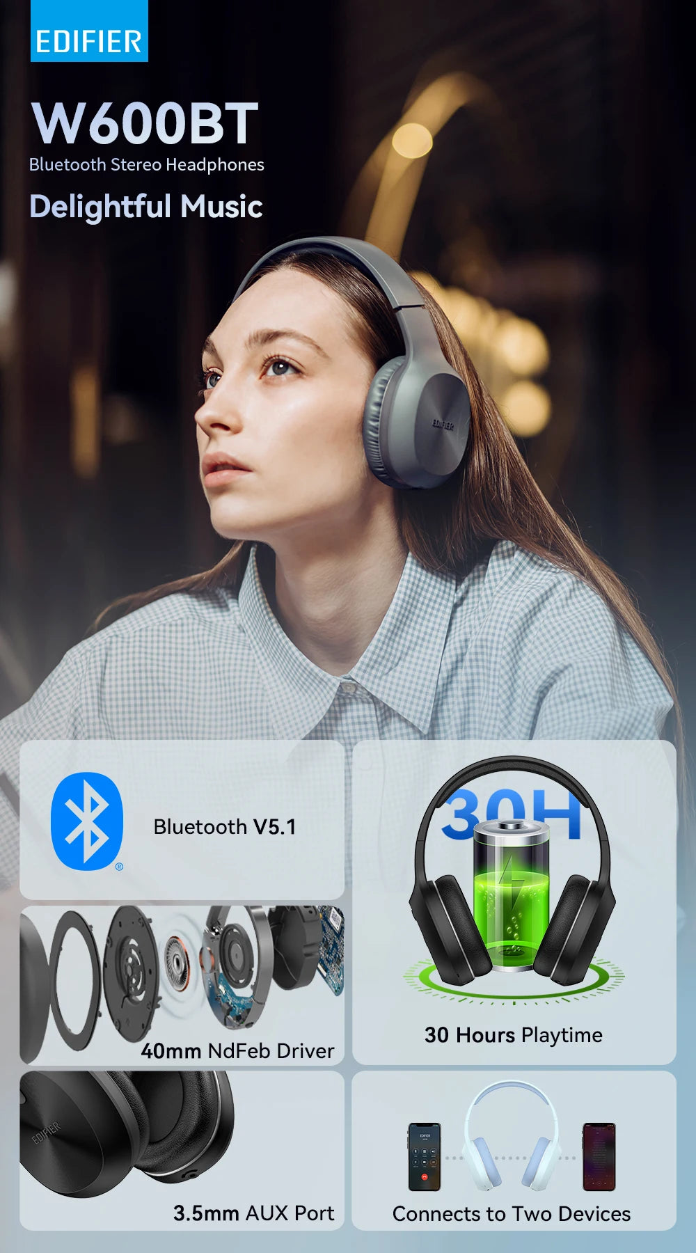 EDIFIER W600BT Wireless Bluetooth Headphone Bluetooth 5.1 up to 30hrs Playback Time 40mm Drivers Hands-Free Headset Dual Connect