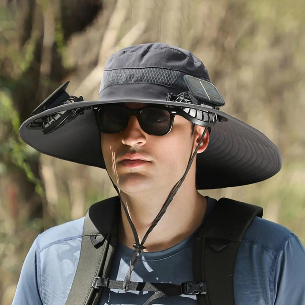 2025 New Solar Fan Hat with Wide-Brimmed Design Dual-Power Fans 800mAh Battery Outdoor Fishing Hat for Hiking Cycling Fishing