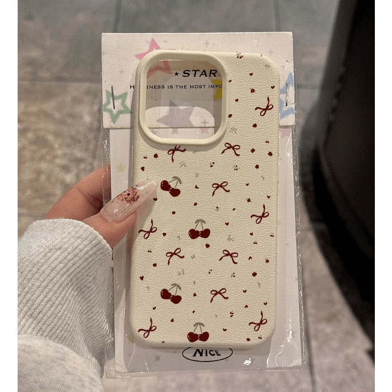 Cherry Phone Case For iPhone 15promax Case iPhone 13 12 16 14 15 Pro Max Plus Shockproof Soft Leather Cute Heart Bow Cover