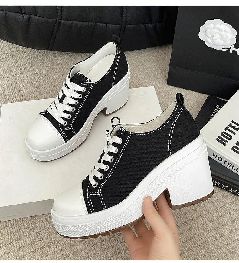 Brand Women Sneakers Fashion Lace-Up Canvas Shoes Women Platform High Heel Shoes Outdoor High Top Casual Shoes Zapatillas Mujer