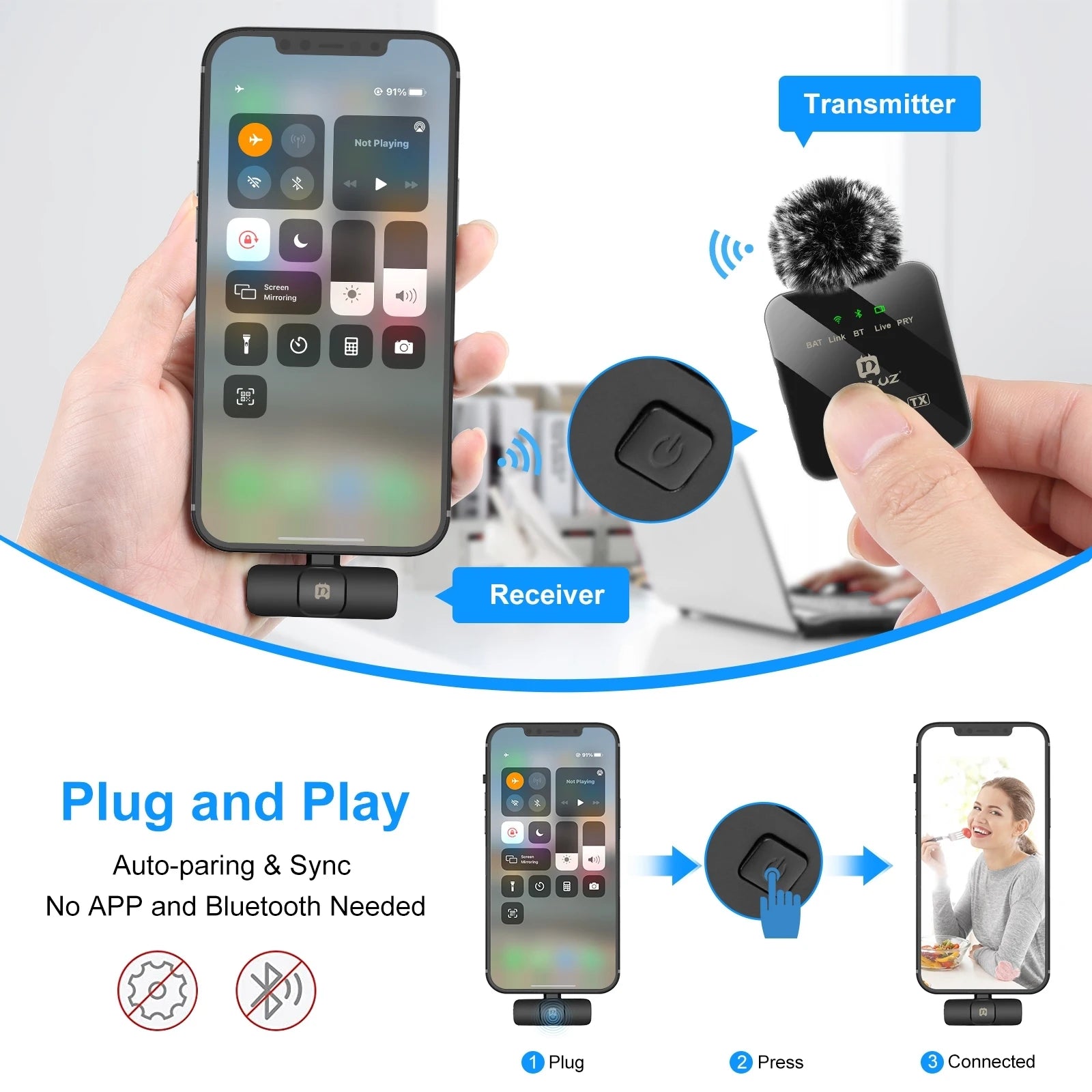PULUZ Wireless Lavalier Microphone for iPhone iPad 8-Pin Receiver  for Type-C Phone, Type-C Receiver