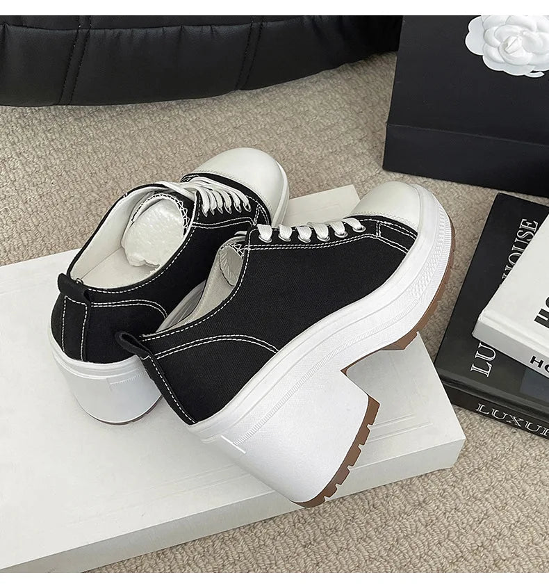 Brand Women Sneakers Fashion Lace-Up Canvas Shoes Women Platform High Heel Shoes Outdoor High Top Casual Shoes Zapatillas Mujer