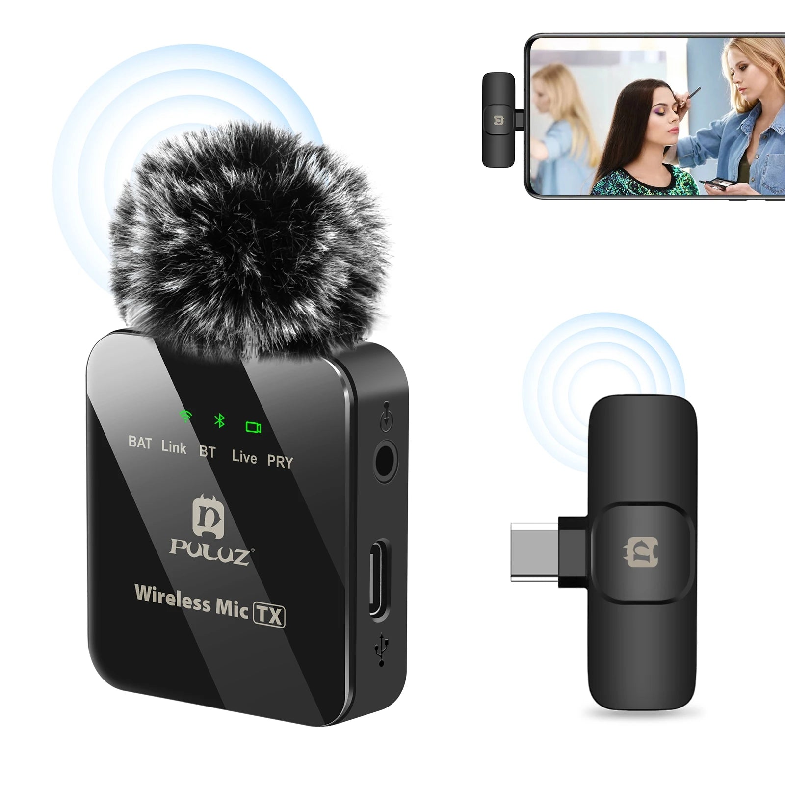 PULUZ Wireless Lavalier Microphone for iPhone iPad 8-Pin Receiver  for Type-C Phone, Type-C Receiver
