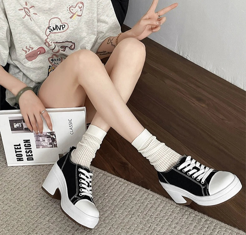 Brand Women Sneakers Fashion Lace-Up Canvas Shoes Women Platform High Heel Shoes Outdoor High Top Casual Shoes Zapatillas Mujer