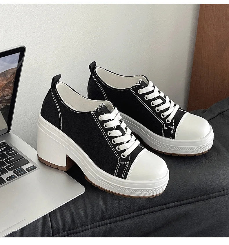Brand Women Sneakers Fashion Lace-Up Canvas Shoes Women Platform High Heel Shoes Outdoor High Top Casual Shoes Zapatillas Mujer