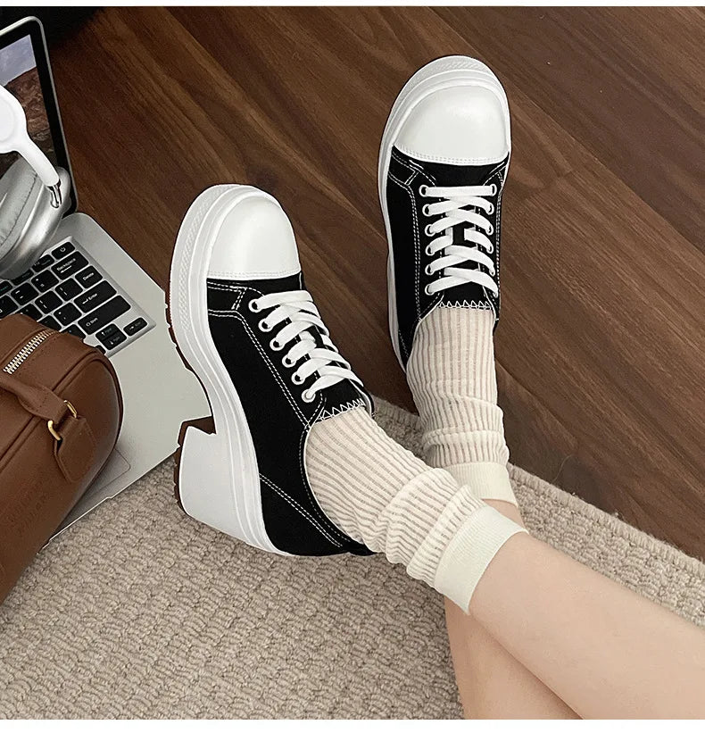 Brand Women Sneakers Fashion Lace-Up Canvas Shoes Women Platform High Heel Shoes Outdoor High Top Casual Shoes Zapatillas Mujer