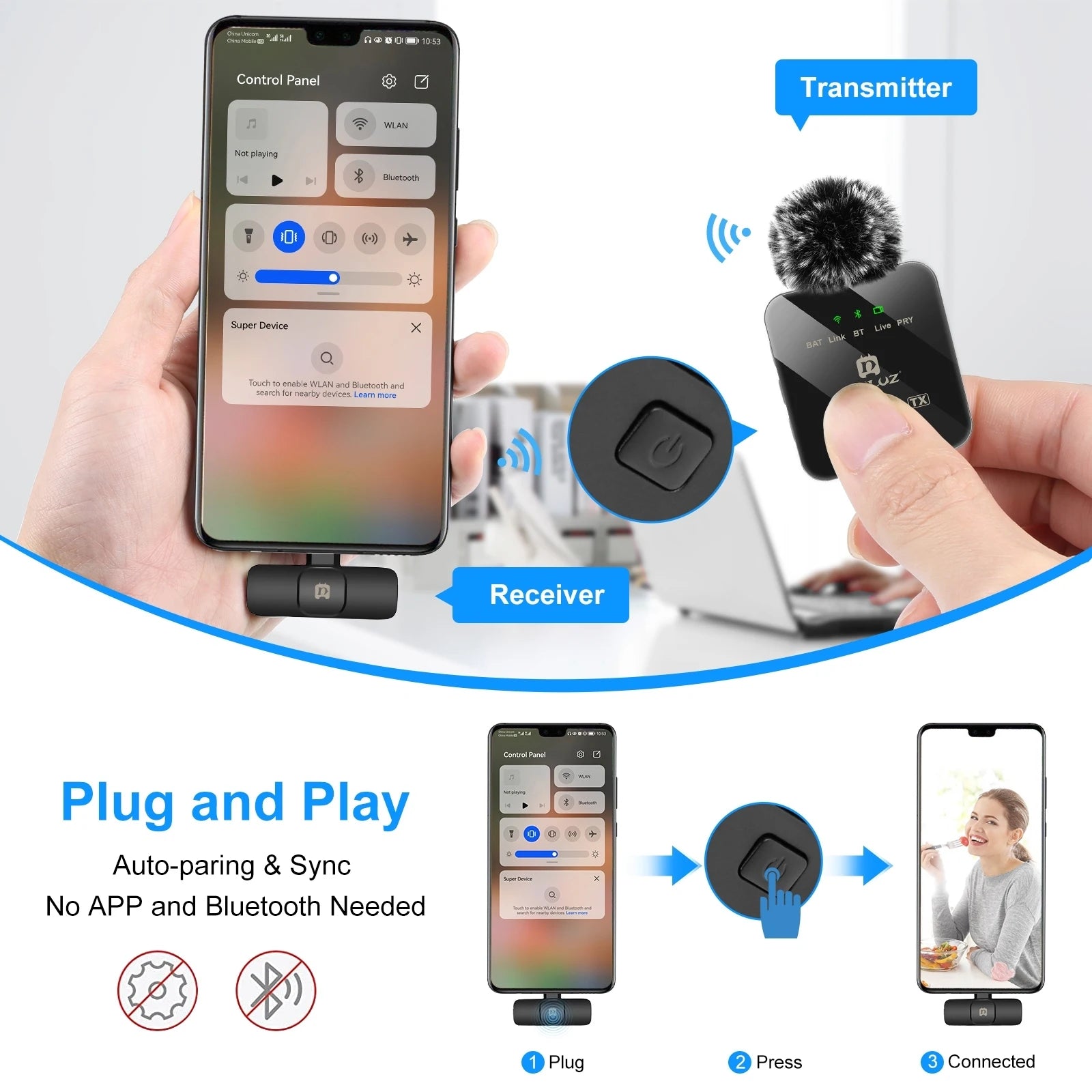 PULUZ Wireless Lavalier Microphone for iPhone iPad 8-Pin Receiver  for Type-C Phone, Type-C Receiver
