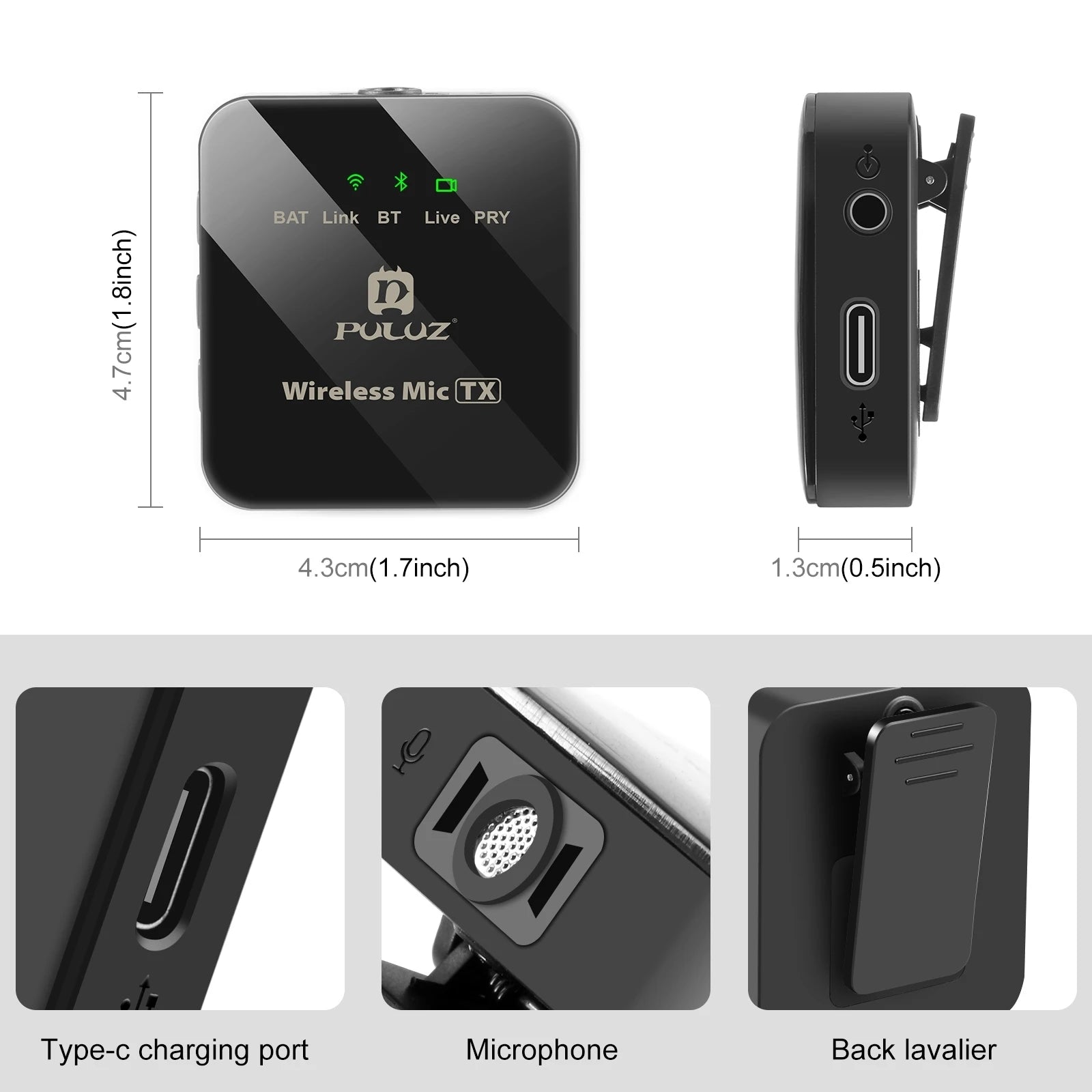 PULUZ Wireless Lavalier Microphone for iPhone iPad 8-Pin Receiver  for Type-C Phone, Type-C Receiver