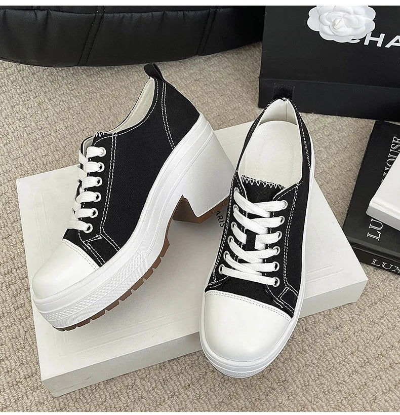 Brand Women Sneakers Fashion Lace-Up Canvas Shoes Women Platform High Heel Shoes Outdoor High Top Casual Shoes Zapatillas Mujer