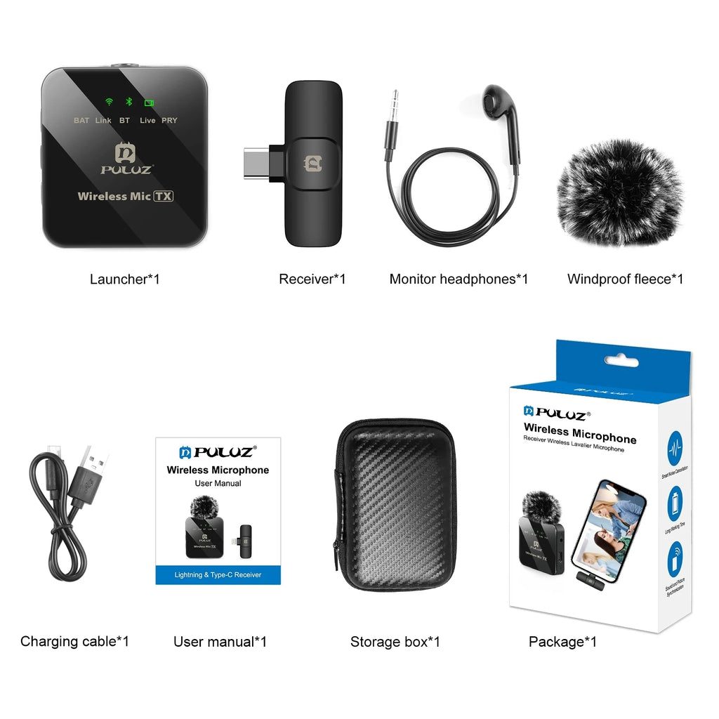 PULUZ Wireless Lavalier Microphone for iPhone iPad 8-Pin Receiver  for Type-C Phone, Type-C Receiver