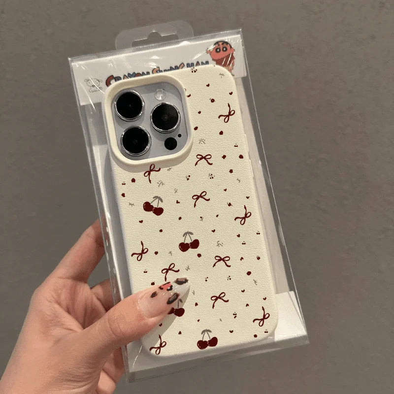 Cherry Phone Case For iPhone 15promax Case iPhone 13 12 16 14 15 Pro Max Plus Shockproof Soft Leather Cute Heart Bow Cover