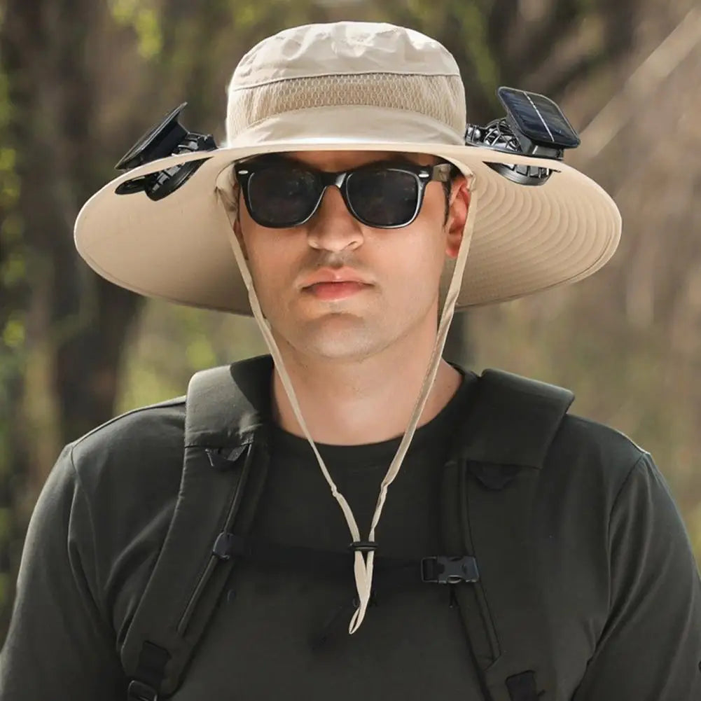 2025 New Solar Fan Hat with Wide-Brimmed Design Dual-Power Fans 800mAh Battery Outdoor Fishing Hat for Hiking Cycling Fishing