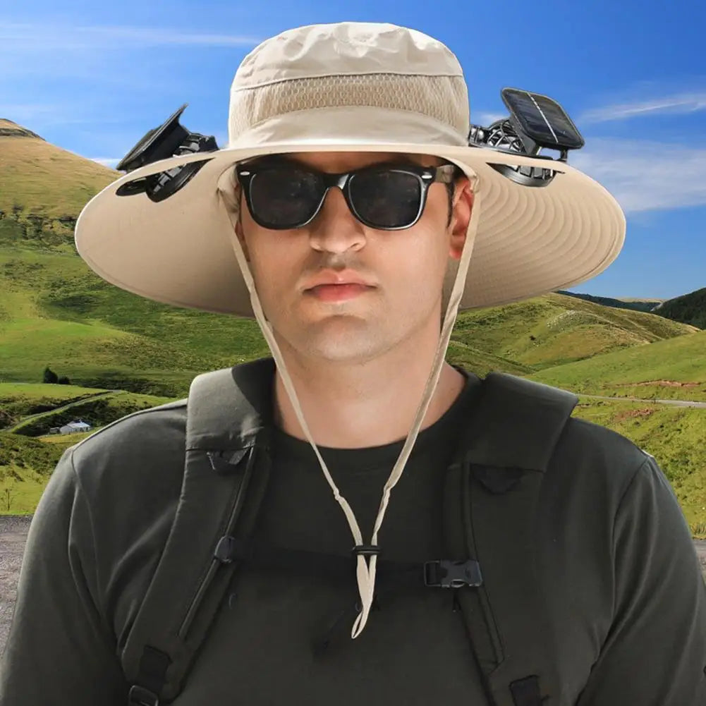 2025 New Solar Fan Hat with Wide-Brimmed Design Dual-Power Fans 800mAh Battery Outdoor Fishing Hat for Hiking Cycling Fishing