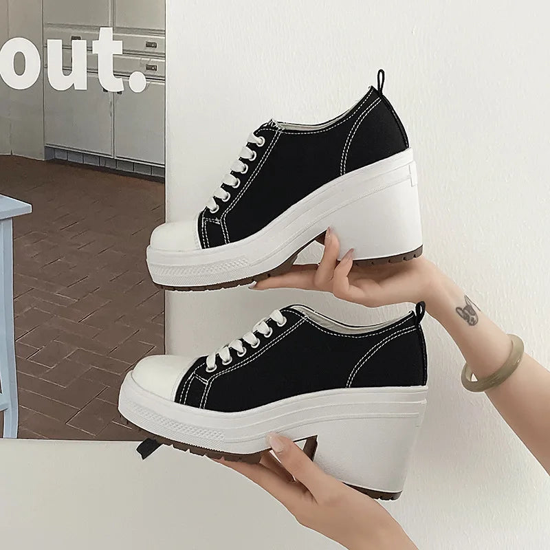 Brand Women Sneakers Fashion Lace-Up Canvas Shoes Women Platform High Heel Shoes Outdoor High Top Casual Shoes Zapatillas Mujer