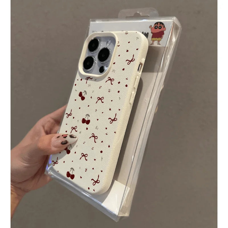 Cherry Phone Case For iPhone 15promax Case iPhone 13 12 16 14 15 Pro Max Plus Shockproof Soft Leather Cute Heart Bow Cover