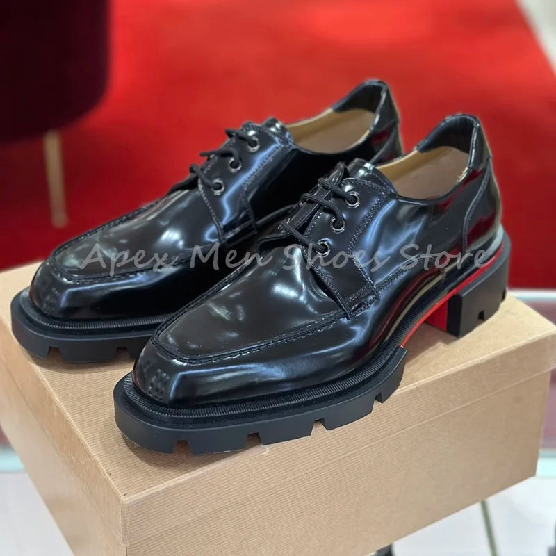 2025 Black Glossy Chunky Sole Lace Up Oxford Shoes Cow Leather Formal Dress Shoes for Men Street Style Business Casual Shoes