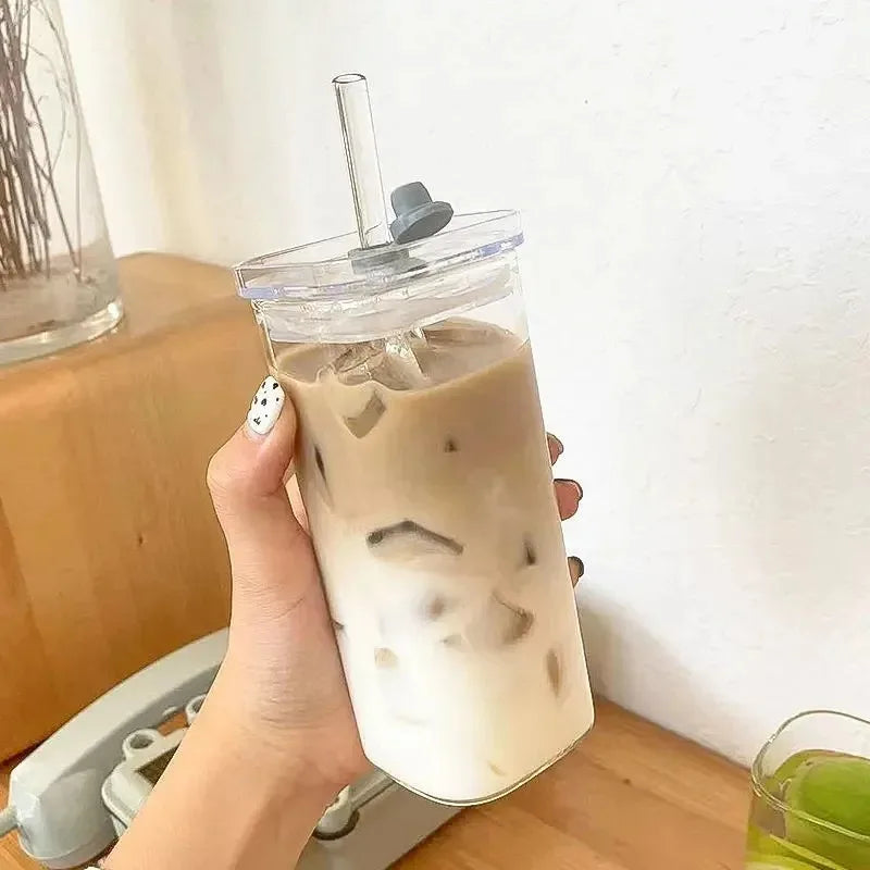 1pc Square Glass Coffee Mug with Lid & Straw Transparent Drinkware for Iced Coffee, Milk