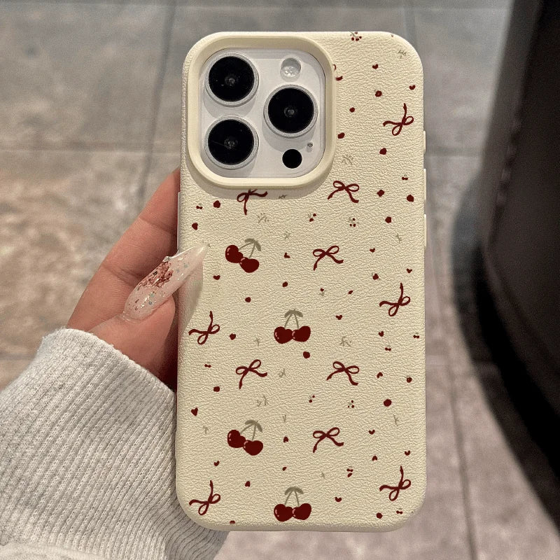 Cherry Phone Case For iPhone 15promax Case iPhone 13 12 16 14 15 Pro Max Plus Shockproof Soft Leather Cute Heart Bow Cover