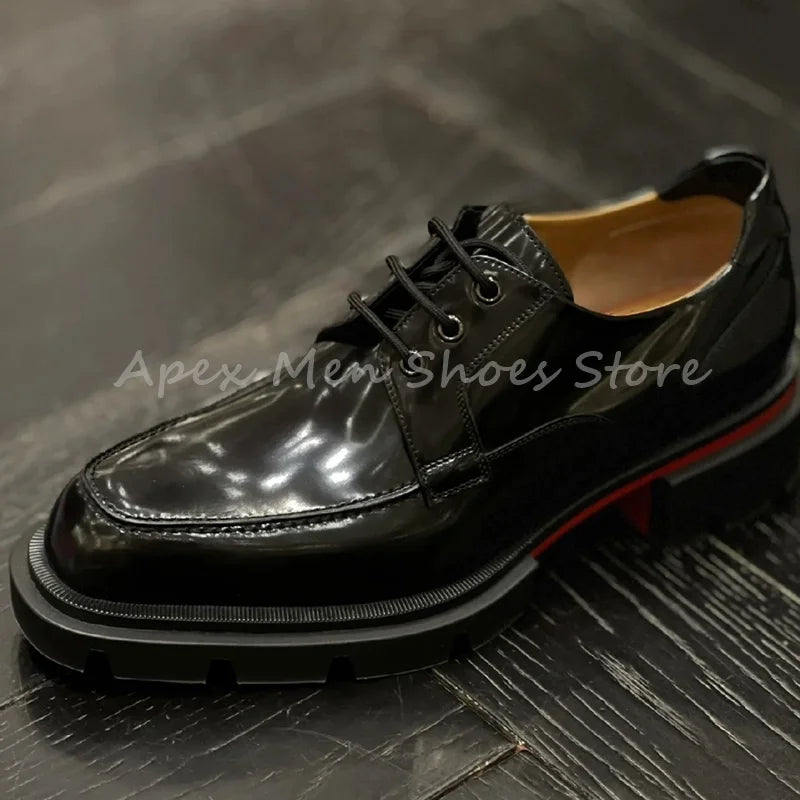 2025 Black Glossy Chunky Sole Lace Up Oxford Shoes Cow Leather Formal Dress Shoes for Men Street Style Business Casual Shoes