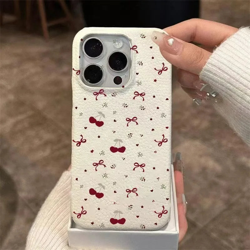 Cherry Phone Case For iPhone 15promax Case iPhone 13 12 16 14 15 Pro Max Plus Shockproof Soft Leather Cute Heart Bow Cover