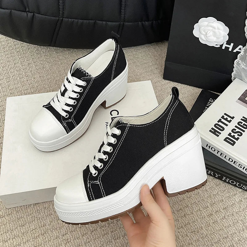 Brand Women Sneakers Fashion Lace-Up Canvas Shoes Women Platform High Heel Shoes Outdoor High Top Casual Shoes Zapatillas Mujer