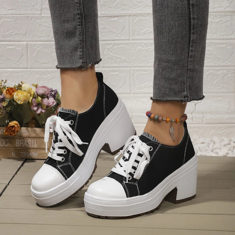 Brand Women Sneakers Fashion Lace-Up Canvas Shoes Women Platform High Heel Shoes Outdoor High Top Casual Shoes Zapatillas Mujer