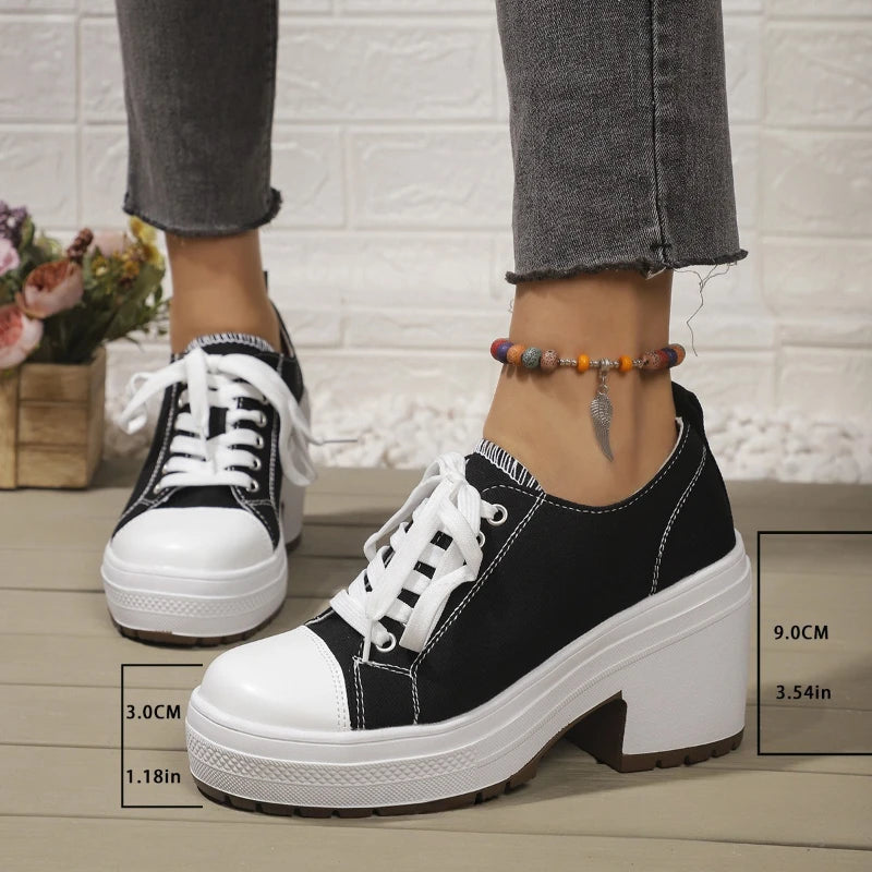 Brand Women Sneakers Fashion Lace-Up Canvas Shoes Women Platform High Heel Shoes Outdoor High Top Casual Shoes Zapatillas Mujer