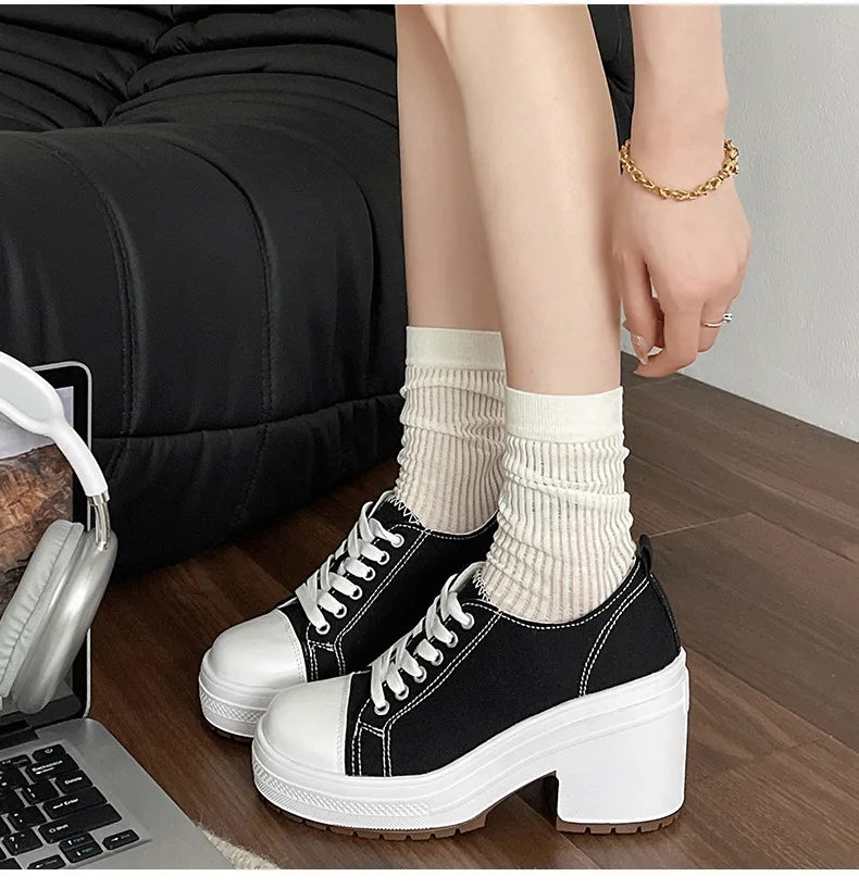 Brand Women Sneakers Fashion Lace-Up Canvas Shoes Women Platform High Heel Shoes Outdoor High Top Casual Shoes Zapatillas Mujer