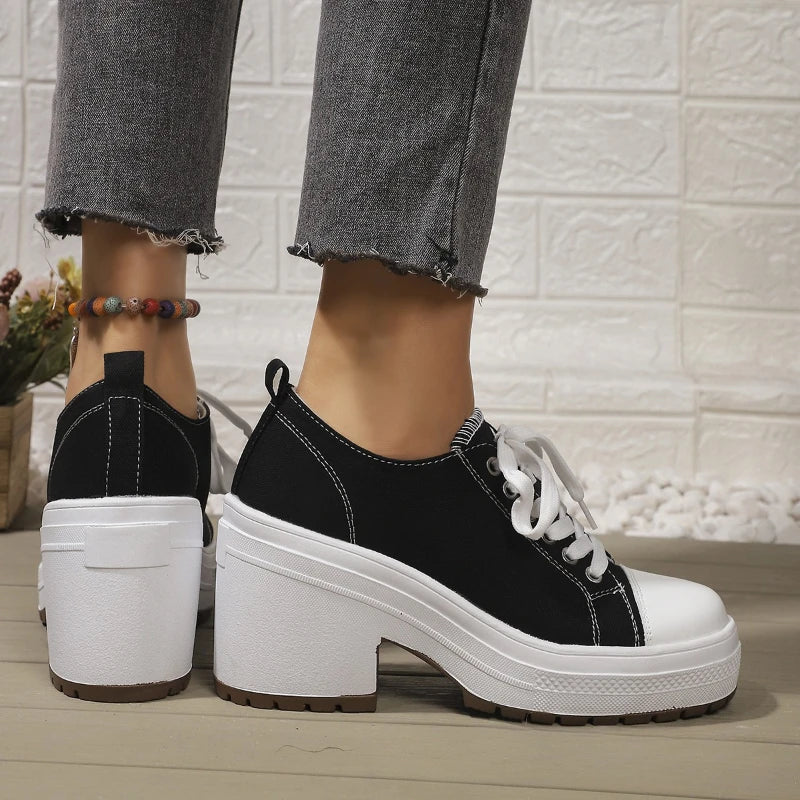 Brand Women Sneakers Fashion Lace-Up Canvas Shoes Women Platform High Heel Shoes Outdoor High Top Casual Shoes Zapatillas Mujer