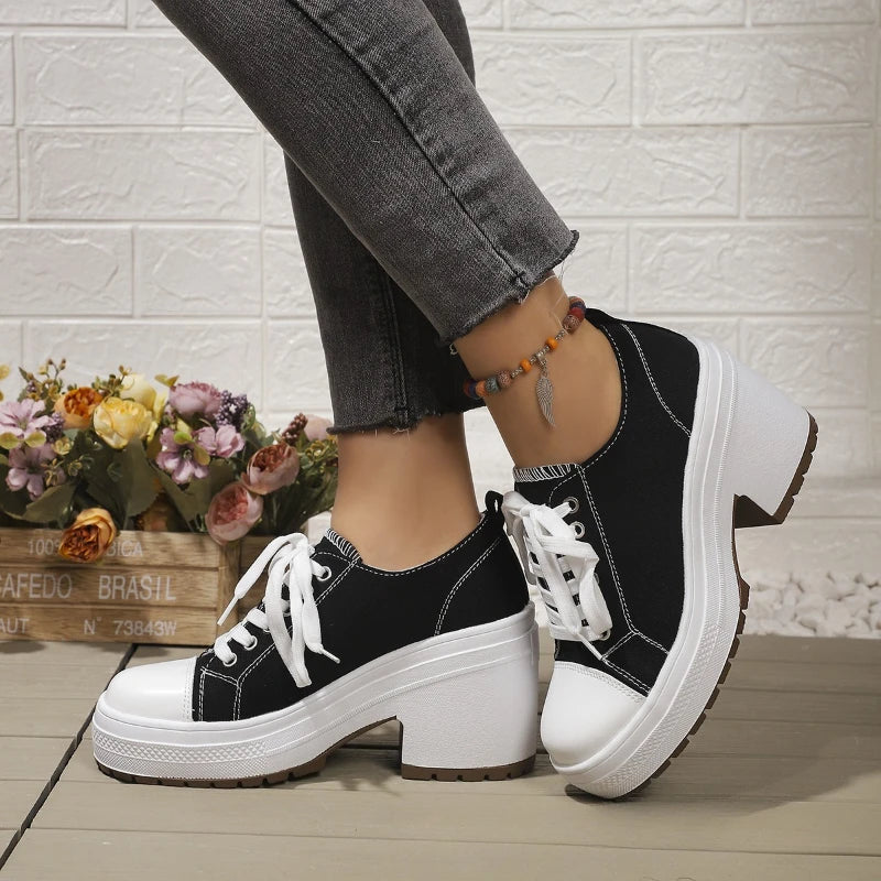 Brand Women Sneakers Fashion Lace-Up Canvas Shoes Women Platform High Heel Shoes Outdoor High Top Casual Shoes Zapatillas Mujer