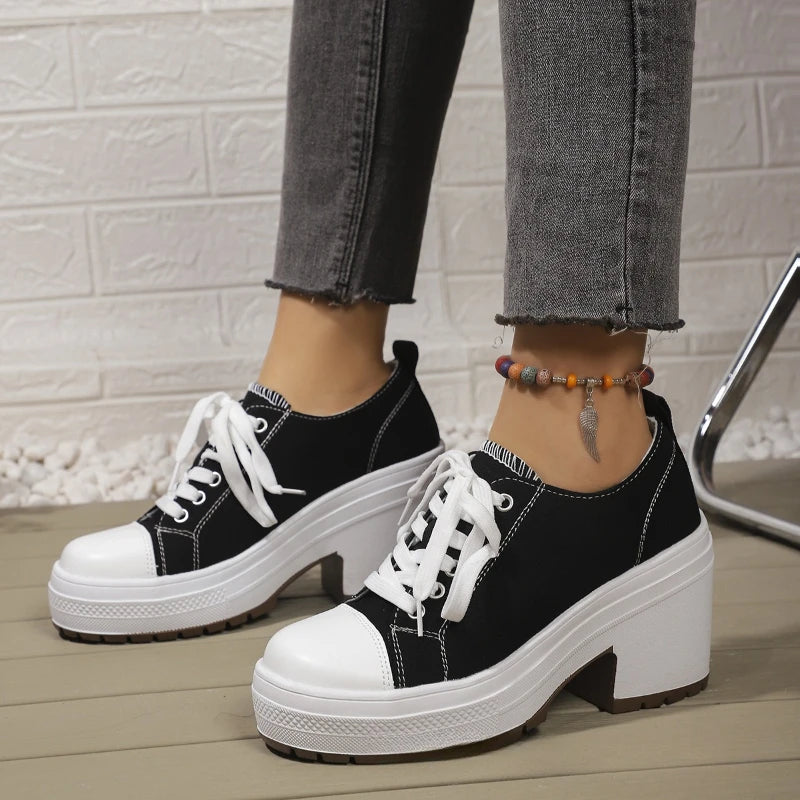 Brand Women Sneakers Fashion Lace-Up Canvas Shoes Women Platform High Heel Shoes Outdoor High Top Casual Shoes Zapatillas Mujer